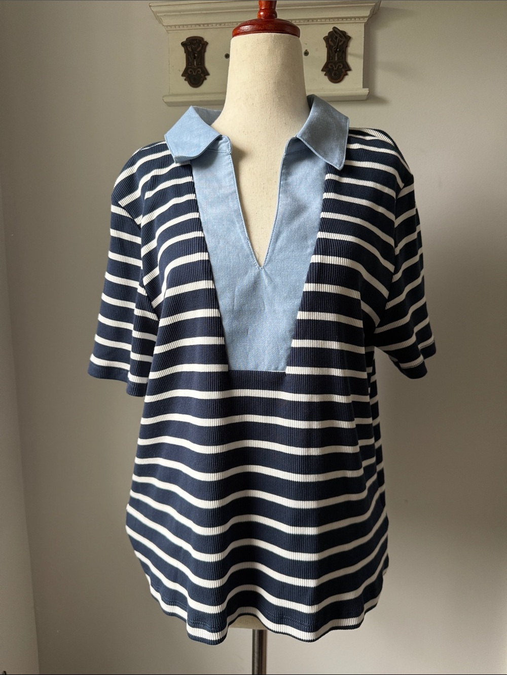 Bailey 44 Navy & White Striped Polo with Light Blue Placket